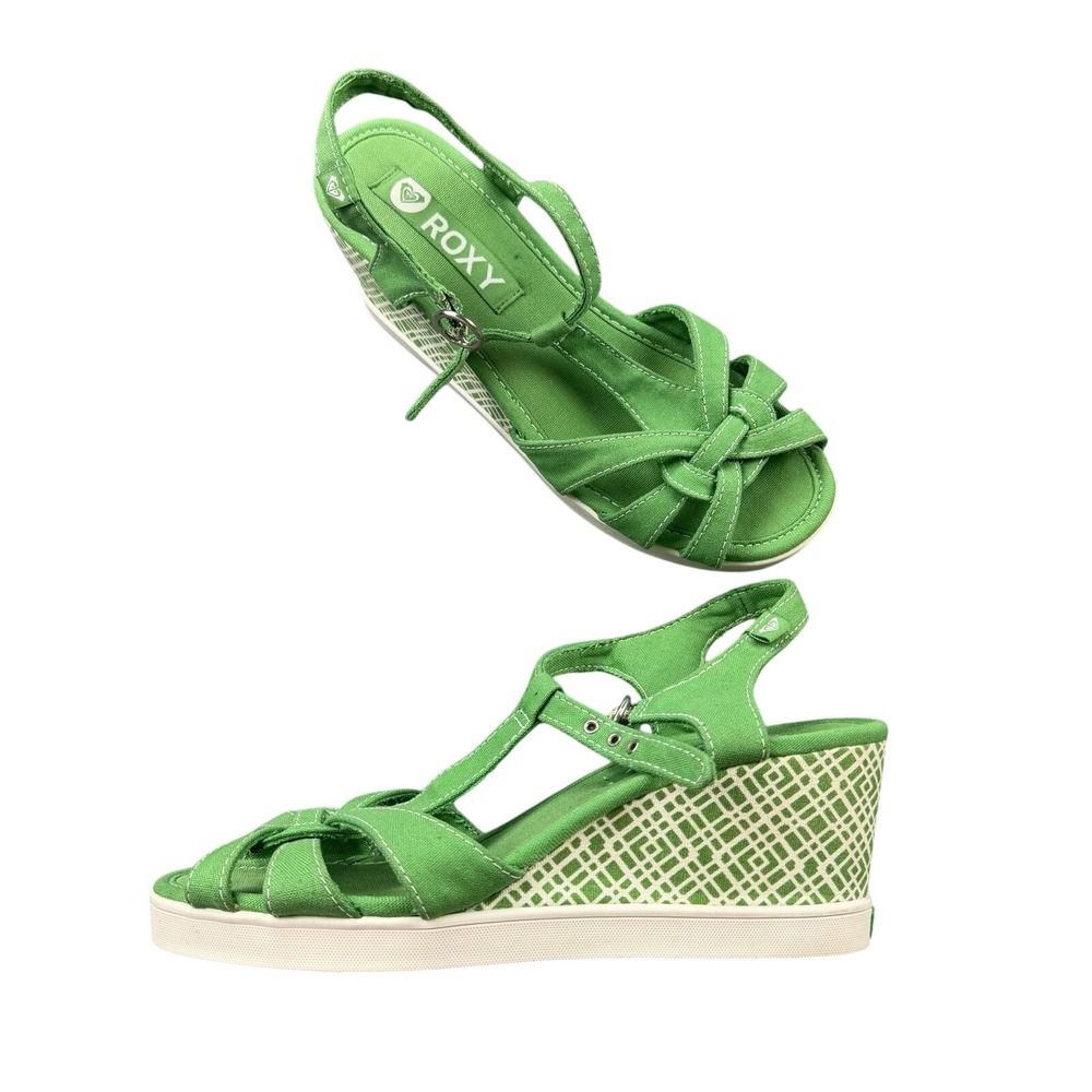 Roxy Green Wedge Sandals Canvas Strappy Summer Platform 7/7.5